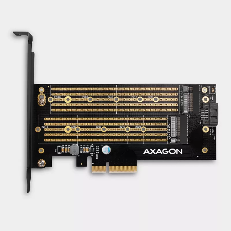 Axagon PCEM2-D PCIe x4 adapteris dviems M.2 NVMe M-key + SATA B-key SSD