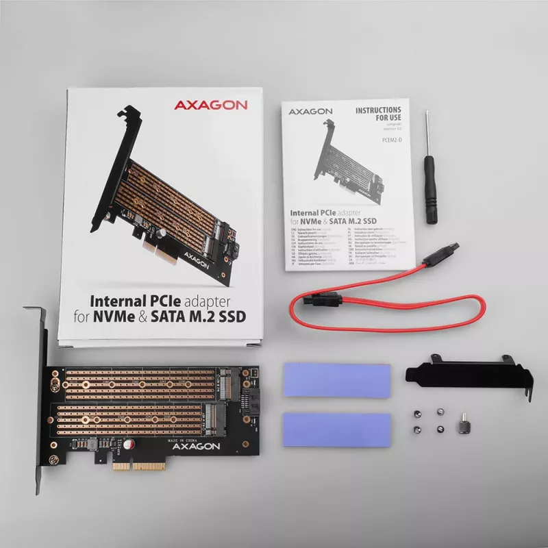 Axagon PCEM2-D PCIe x4 adapteris dviems M.2 NVMe M-key + SATA B-key SSD