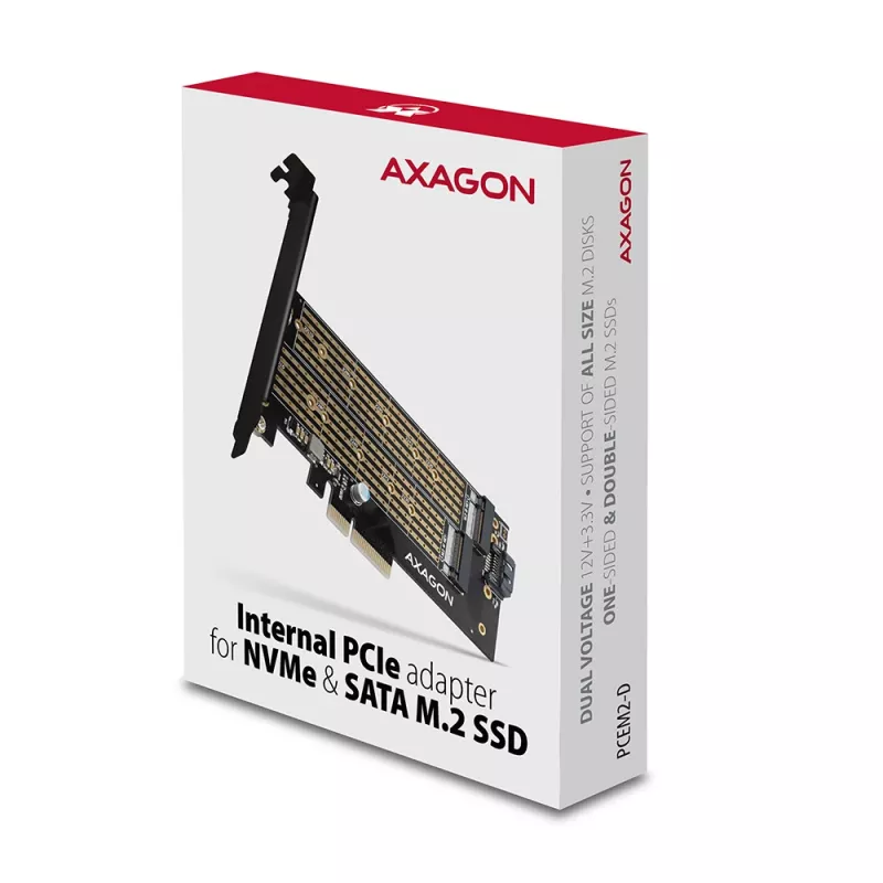 Axagon PCEM2-D PCIe x4 adapteris dviems M.2 NVMe M-key + SATA B-key SSD