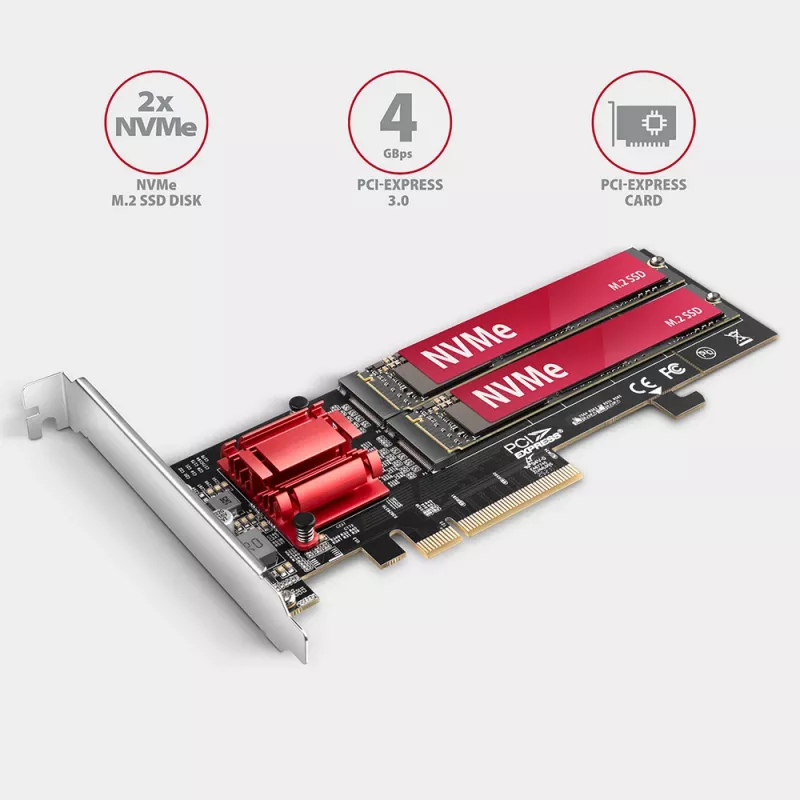 Axagon PCEM2-ND PCIe x8 adapteris dviems M.2 NVMe M-key lizdams, RAID, duomenų jungiklis, su standartiniu ir žemu profiliu
