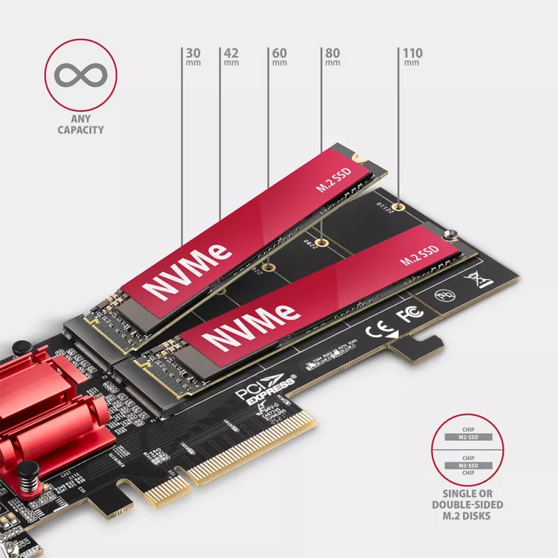 Axagon PCEM2-ND PCIe x8 adapteris dviems M.2 NVMe M-key lizdams, RAID, duomenų jungiklis, su standartiniu ir žemu profiliu