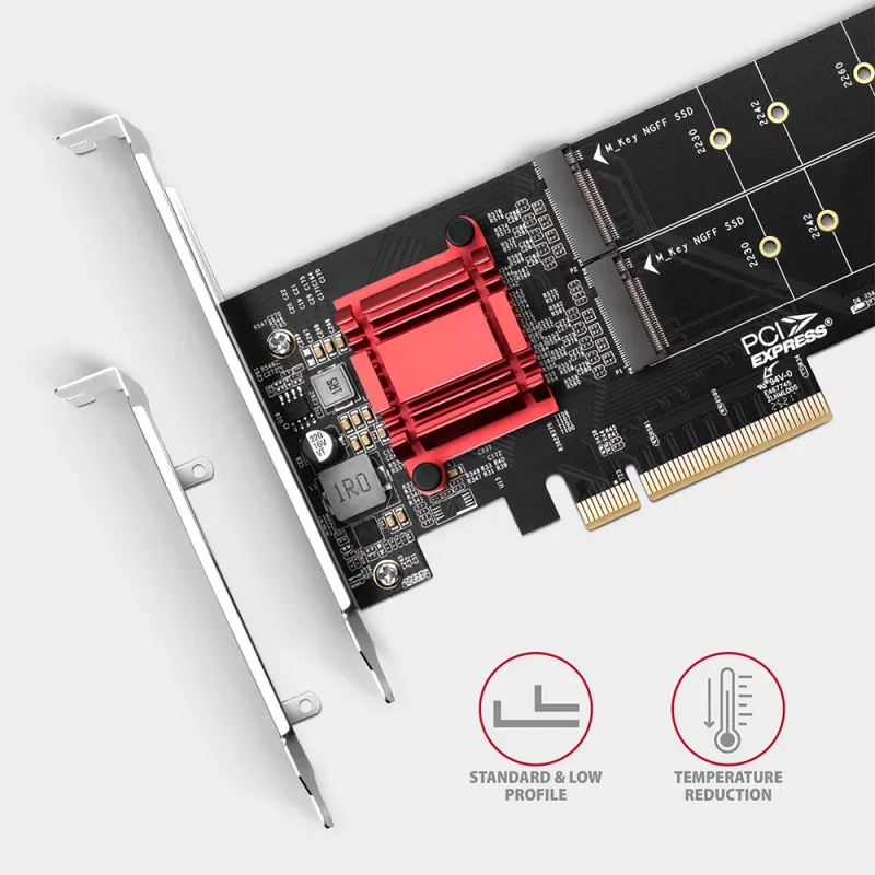 Axagon PCEM2-ND PCIe x8 adapteris dviems M.2 NVMe M-key lizdams, RAID, duomenų jungiklis, su standartiniu ir žemu profiliu