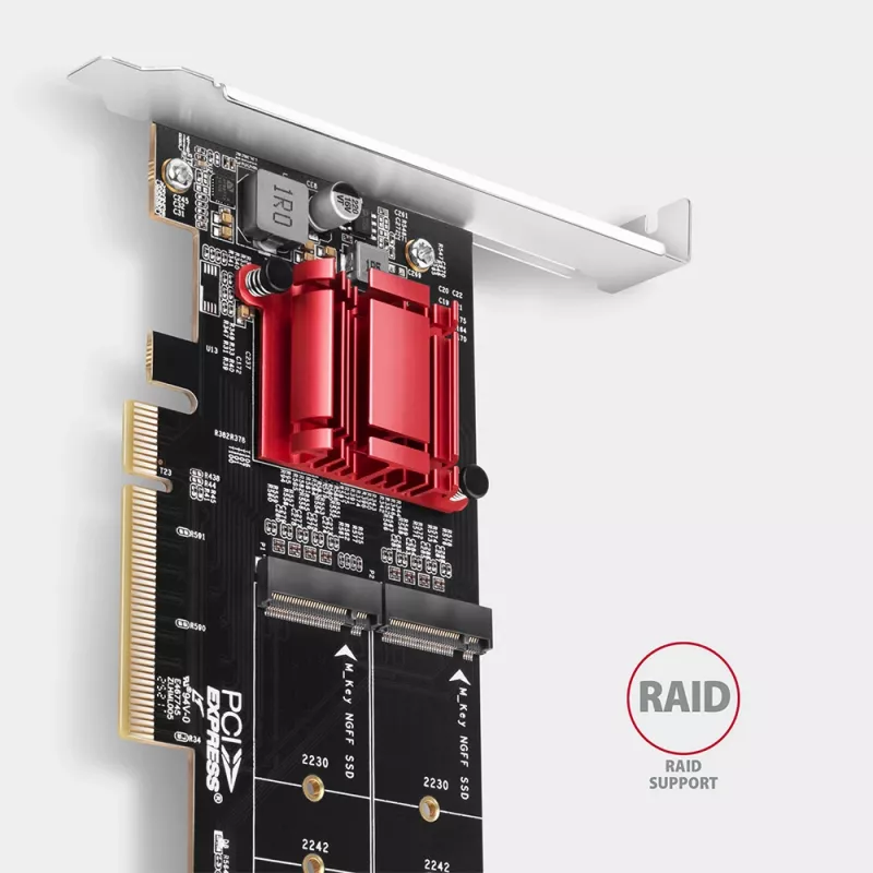 Axagon PCEM2-ND PCIe x8 adapteris dviems M.2 NVMe M-key lizdams, RAID, duomenų jungiklis, su standartiniu ir žemu profiliu