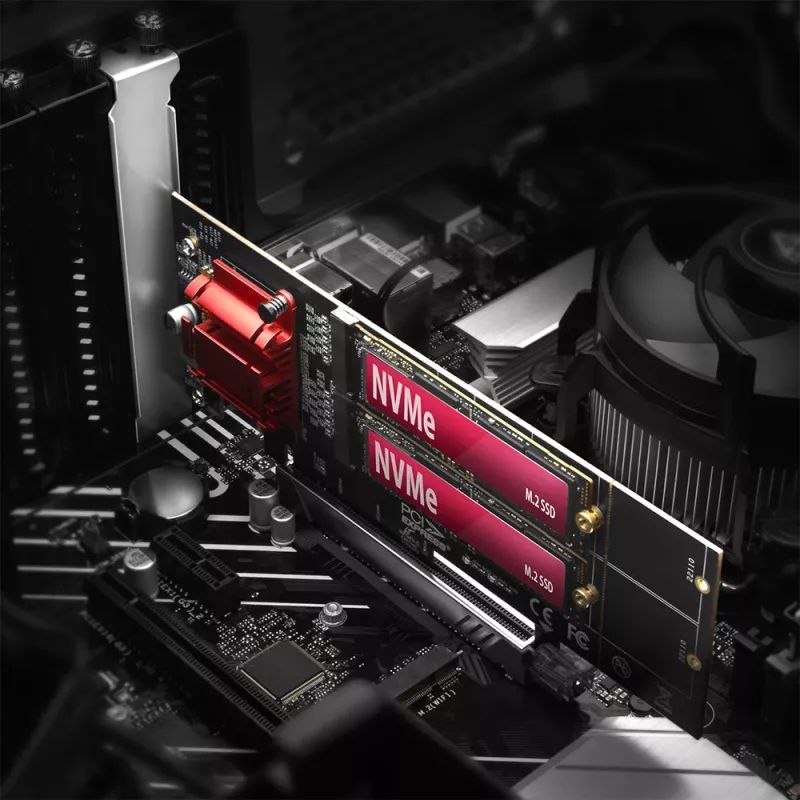 Axagon PCEM2-ND PCIe x8 adapteris dviems M.2 NVMe M-key lizdams, RAID, duomenų jungiklis, su standartiniu ir žemu profiliu