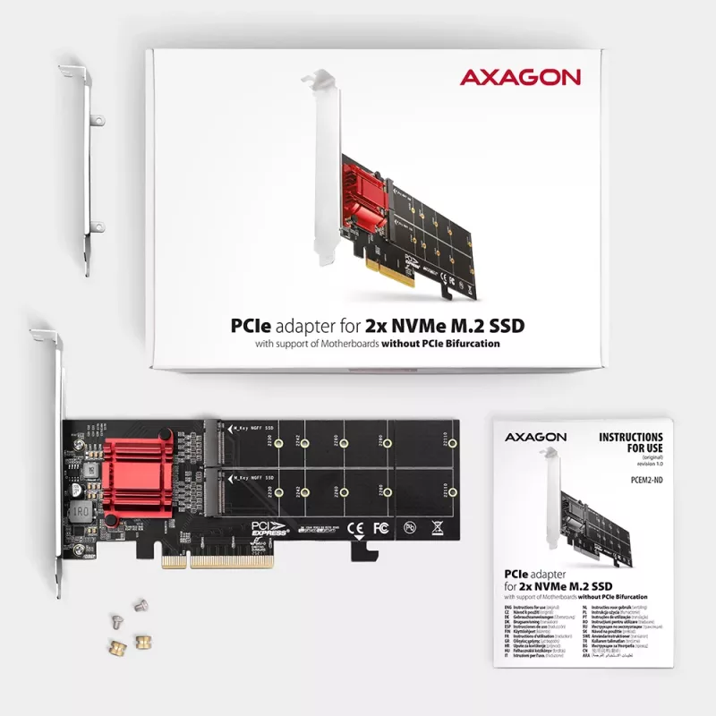 Axagon PCEM2-ND PCIe x8 adapteris dviems M.2 NVMe M-key lizdams, RAID, duomenų jungiklis, su standartiniu ir žemu profiliu