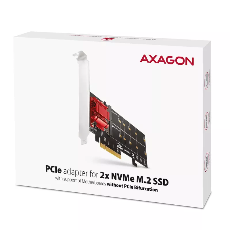 Axagon PCEM2-ND PCIe x8 adapteris dviems M.2 NVMe M-key lizdams, RAID, duomenų jungiklis, su standartiniu ir žemu profiliu