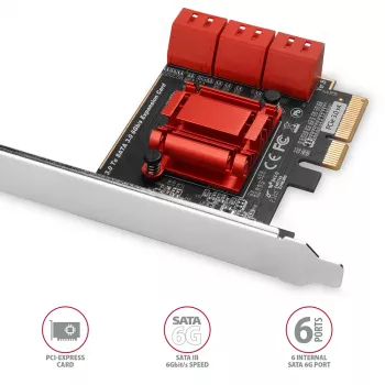 Interfeiso kortelė AXAGON PCES-SA6 – PCIe į SATA (ASM1166), 6 Gbit/s, pilno aukščio/žemo profilio, vidinė