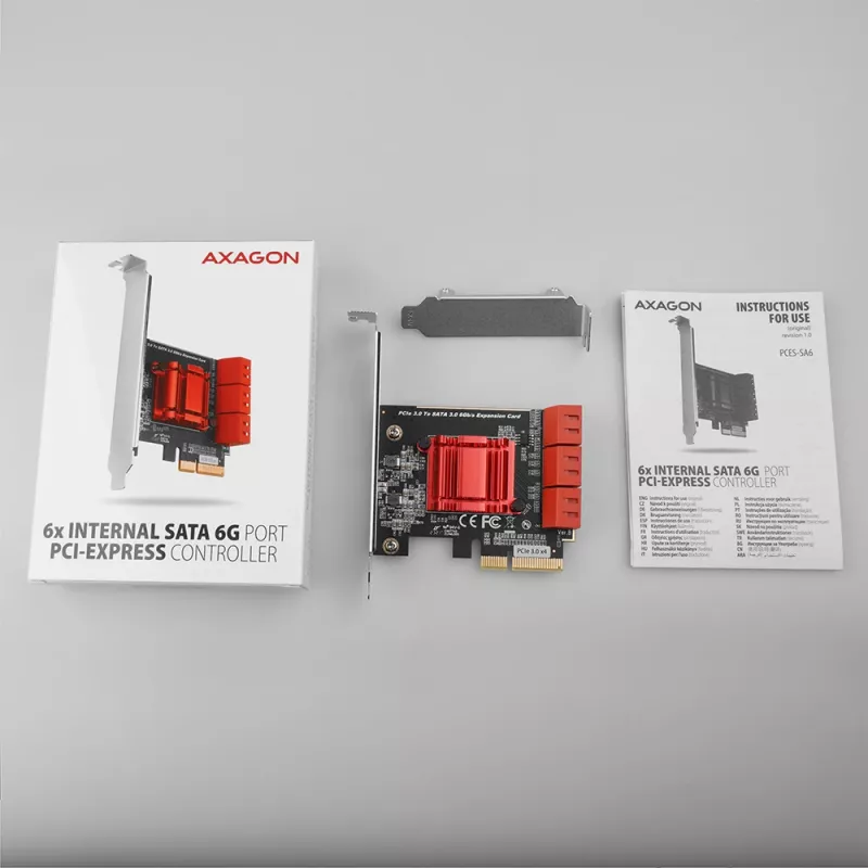 Interfeiso kortelė AXAGON PCES-SA6 – PCIe į SATA (ASM1166), 6 Gbit/s, pilno aukščio/žemo profilio, vidinė