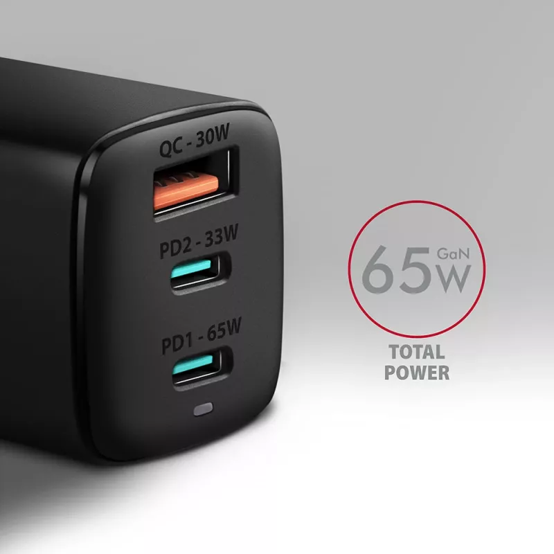 Axagon ACU-DPQ65 GaN sieninis įkroviklis 65W, 3x prievadas (USB-A + du USB-C), PD3.0/QC4+/PPS/Apple