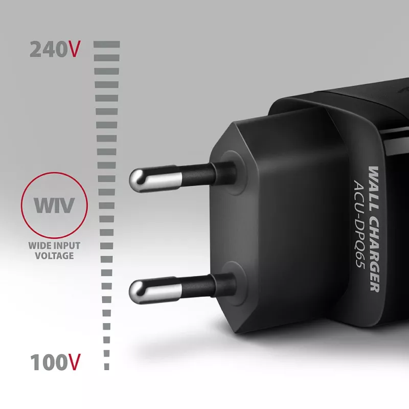 Axagon ACU-DPQ65 GaN sieninis įkroviklis 65W, 3x prievadas (USB-A + du USB-C), PD3.0/QC4+/PPS/Apple