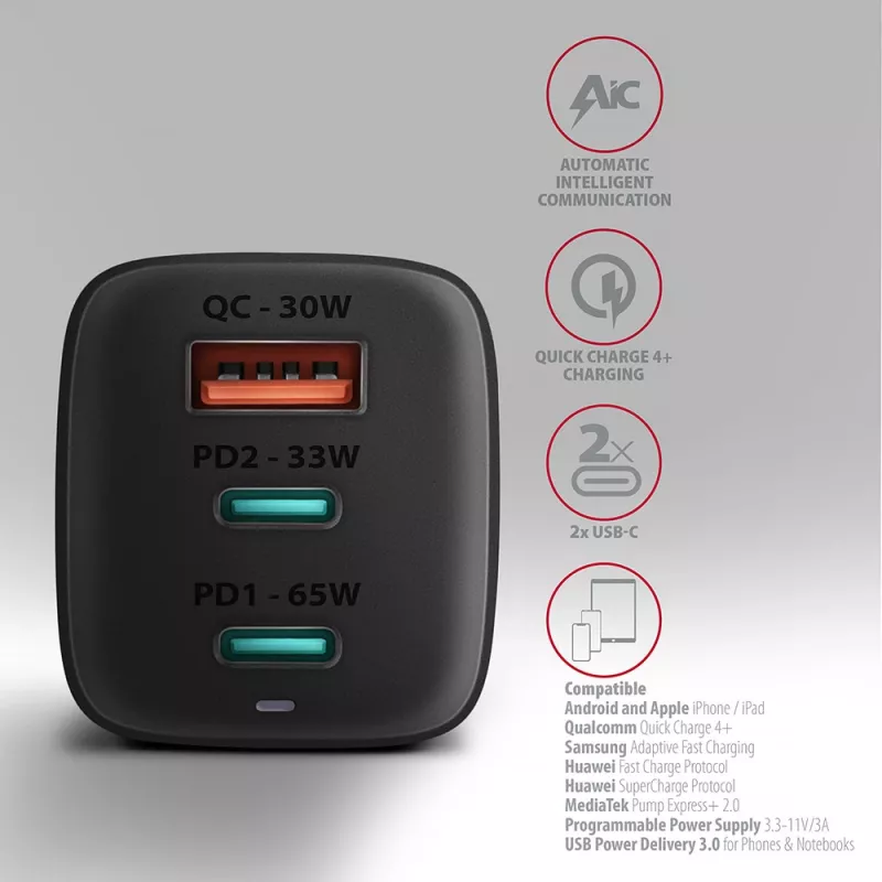 Axagon ACU-DPQ65 GaN sieninis įkroviklis 65W, 3x prievadas (USB-A + du USB-C), PD3.0/QC4+/PPS/Apple