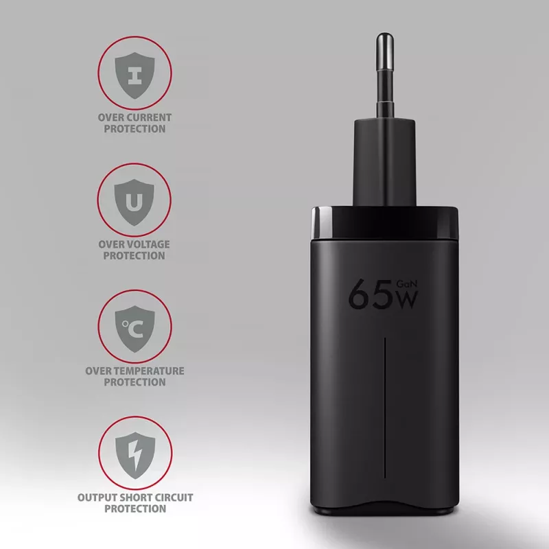 Axagon ACU-DPQ65 GaN sieninis įkroviklis 65W, 3x prievadas (USB-A + du USB-C), PD3.0/QC4+/PPS/Apple