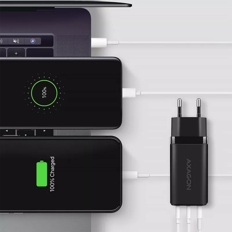 Axagon ACU-DPQ65 GaN sieninis įkroviklis 65W, 3x prievadas (USB-A + du USB-C), PD3.0/QC4+/PPS/Apple