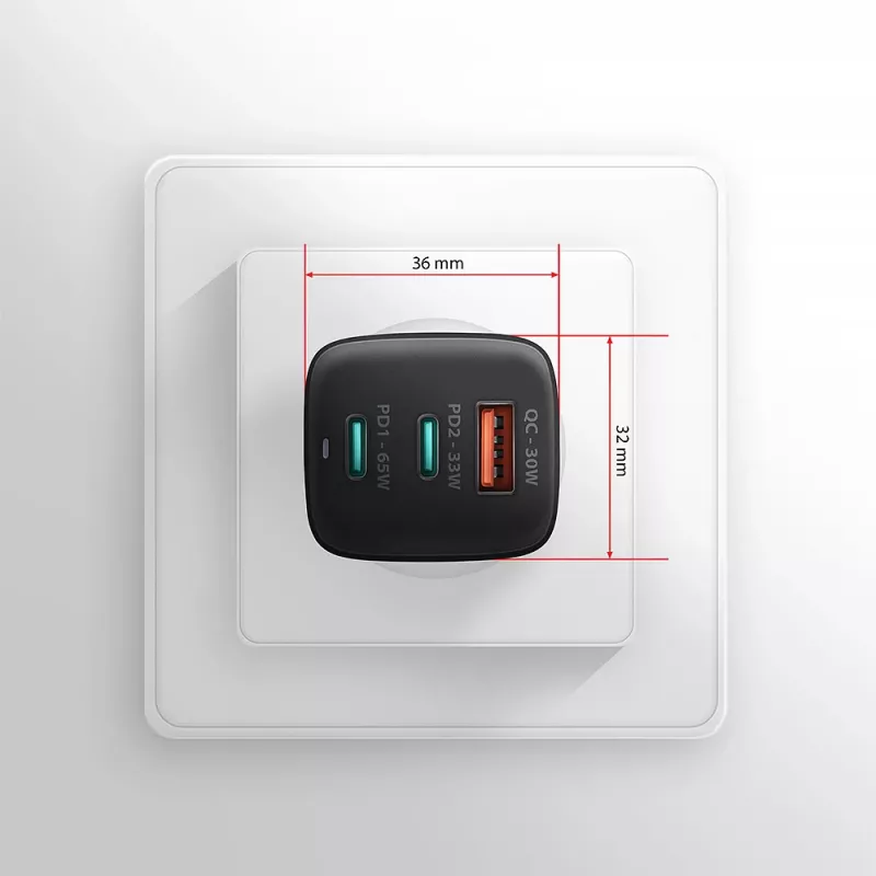 Axagon ACU-DPQ65 GaN sieninis įkroviklis 65W, 3x prievadas (USB-A + du USB-C), PD3.0/QC4+/PPS/Apple