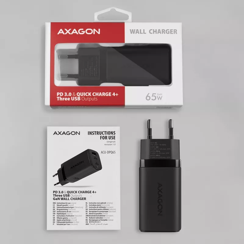 Axagon ACU-DPQ65 GaN sieninis įkroviklis 65W, 3x prievadas (USB-A + du USB-C), PD3.0/QC4+/PPS/Apple