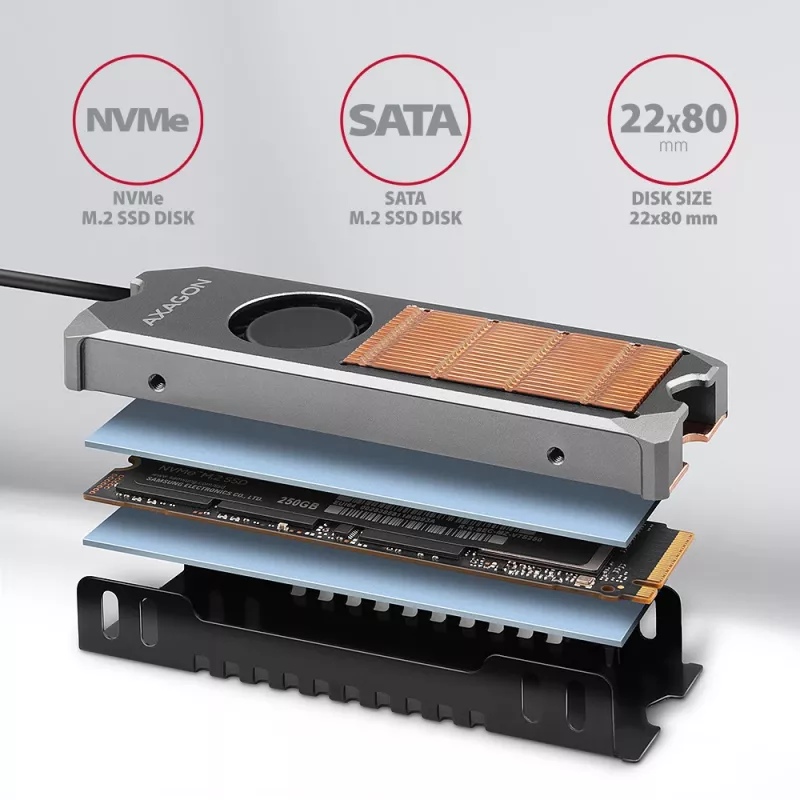 Axagon CLR-M2FAN Varinis radiatorius su ventiliatoriumi vienpusiams ir dvipusiams M.2 SSD diskams, dydis 2280, aukštis 13 mm