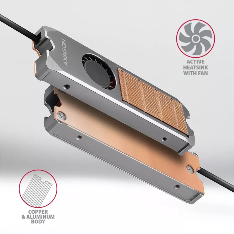 Axagon CLR-M2FAN Varinis radiatorius su ventiliatoriumi vienpusiams ir dvipusiams M.2 SSD diskams, dydis 2280, aukštis 13 mm