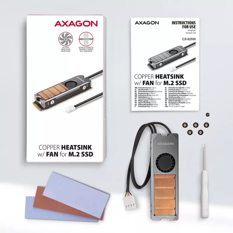 Axagon CLR-M2FAN Varinis radiatorius su ventiliatoriumi vienpusiams ir dvipusiams M.2 SSD diskams, dydis 2280, aukštis 13 mm