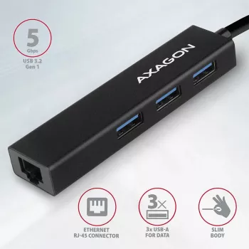 Axagon HMA-GL3A USB 3.0 kelių prievadų centras su Gigabit LAN, 3x USB-A, microSD, juodas