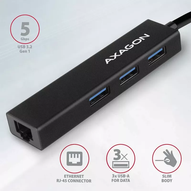 Axagon HMA-GL3A USB 3.0 kelių prievadų centras su Gigabit LAN, 3x USB-A, microSD, juodas