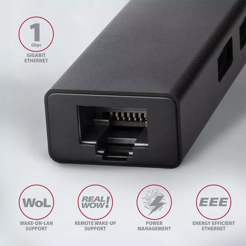 Axagon HMA-GL3A USB 3.0 kelių prievadų centras su Gigabit LAN, 3x USB-A, microSD, juodas