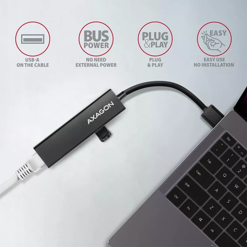Axagon HMA-GL3A USB 3.0 kelių prievadų centras su Gigabit LAN, 3x USB-A, microSD, juodas