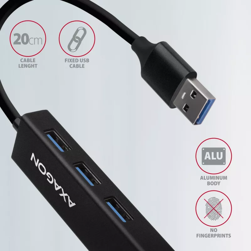 Axagon HMA-GL3A USB 3.0 kelių prievadų centras su Gigabit LAN, 3x USB-A, microSD, juodas