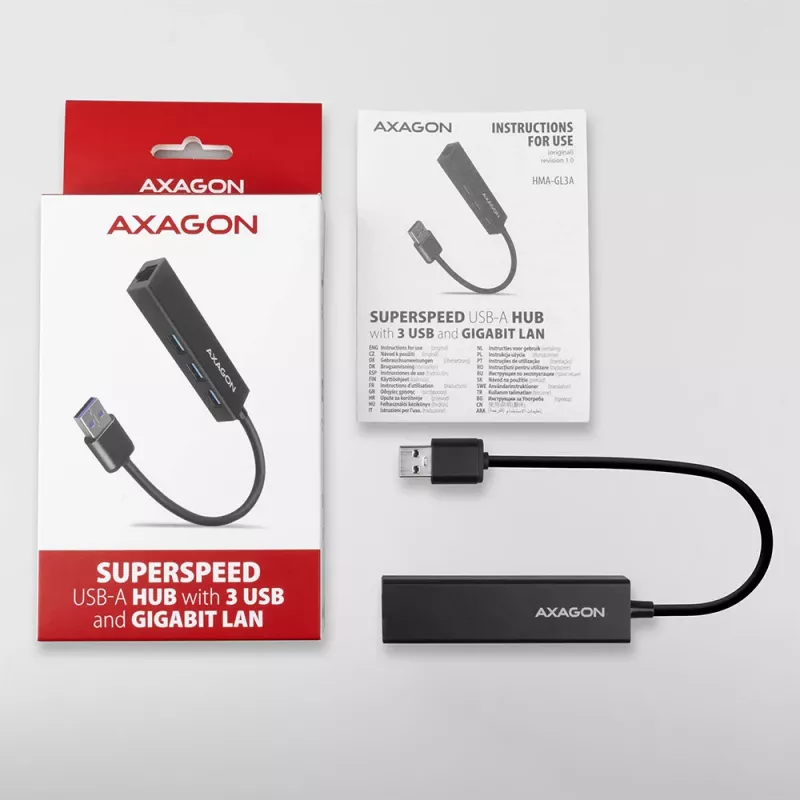 Axagon HMA-GL3A USB 3.0 kelių prievadų centras su Gigabit LAN, 3x USB-A, microSD, juodas