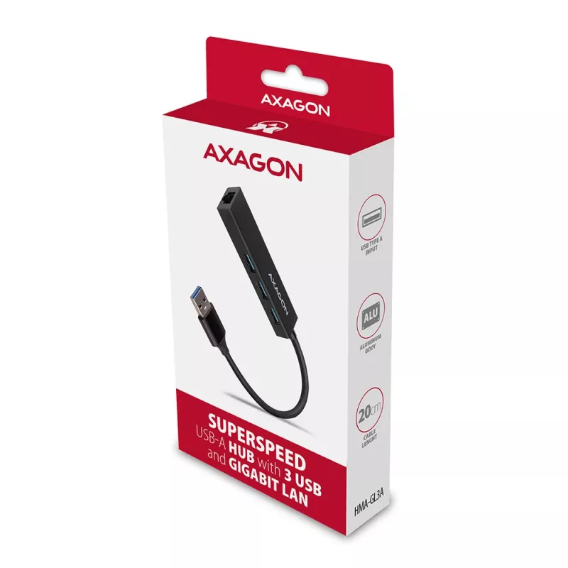 Axagon HMA-GL3A USB 3.0 kelių prievadų centras su Gigabit LAN, 3x USB-A, microSD, juodas