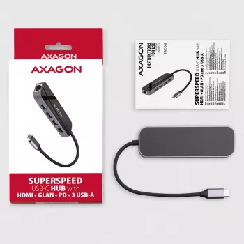 Axagon HMC-6GL USB 3.2 Gen 1 šakotuvas, 3x USB-A, HDMI 4k/30Hz, RJ-45, PD 100W, 20cm USB-C laidas
