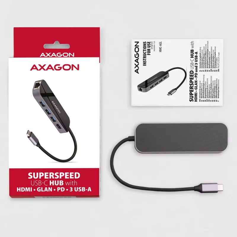 Axagon HMC-6GL USB 3.2 Gen 1 šakotuvas, 3x USB-A, HDMI 4k/30Hz, RJ-45, PD 100W, 20cm USB-C laidas