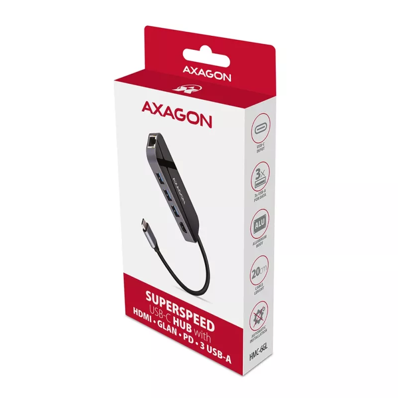 Axagon HMC-6GL USB 3.2 Gen 1 šakotuvas, 3x USB-A, HDMI 4k/30Hz, RJ-45, PD 100W, 20cm USB-C laidas