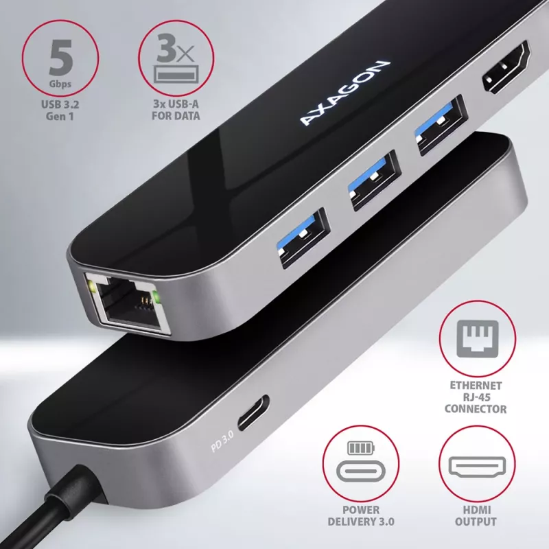 Axagon HMC-6GL USB 3.2 Gen 1 šakotuvas, 3x USB-A, HDMI 4k/30Hz, RJ-45, PD 100W, 20cm USB-C laidas