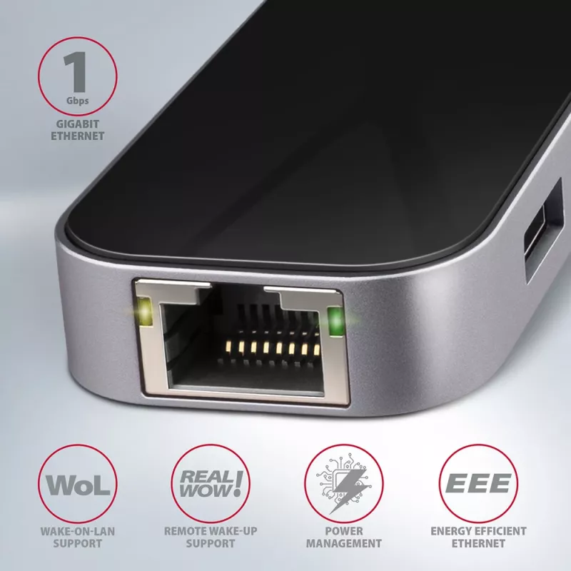 Axagon HMC-6GL USB 3.2 Gen 1 šakotuvas, 3x USB-A, HDMI 4k/30Hz, RJ-45, PD 100W, 20cm USB-C laidas