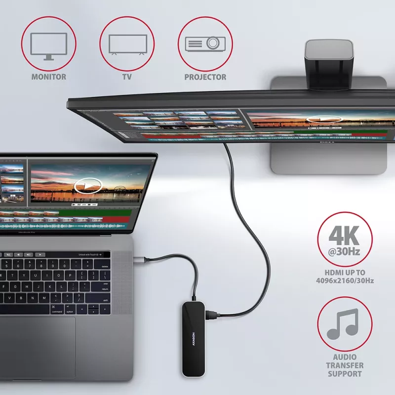 Axagon HMC-6GL USB 3.2 Gen 1 šakotuvas, 3x USB-A, HDMI 4k/30Hz, RJ-45, PD 100W, 20cm USB-C laidas