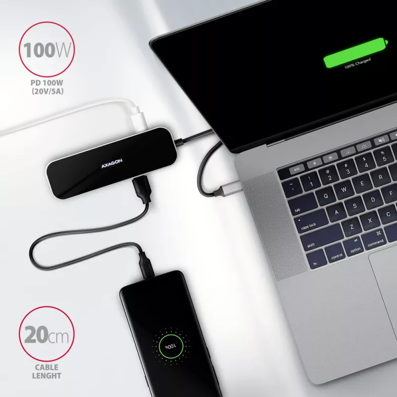 Axagon HMC-6GL USB 3.2 Gen 1 šakotuvas, 3x USB-A, HDMI 4k/30Hz, RJ-45, PD 100W, 20cm USB-C laidas