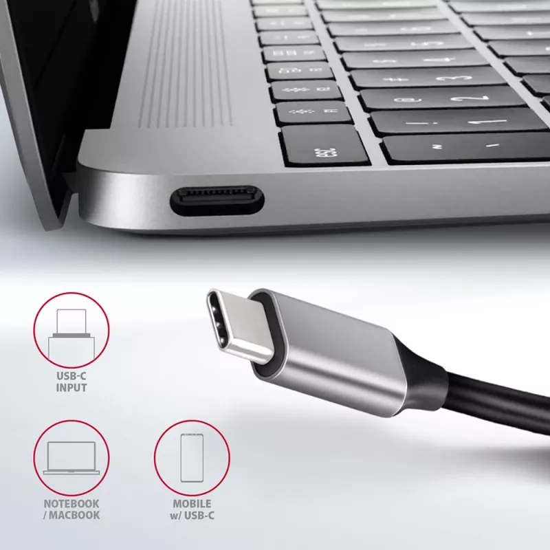 Axagon HMC-6GL USB 3.2 Gen 1 šakotuvas, 3x USB-A, HDMI 4k/30Hz, RJ-45, PD 100W, 20cm USB-C laidas