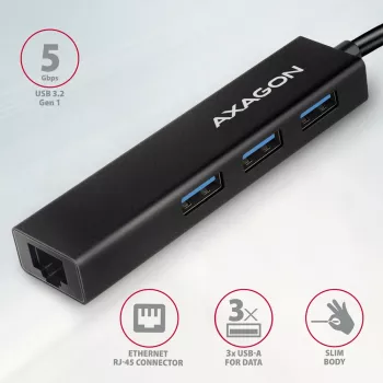 USB-C HUB Axagon HMC-GL3A 3x USB-A Gbit-LAN Juodas
