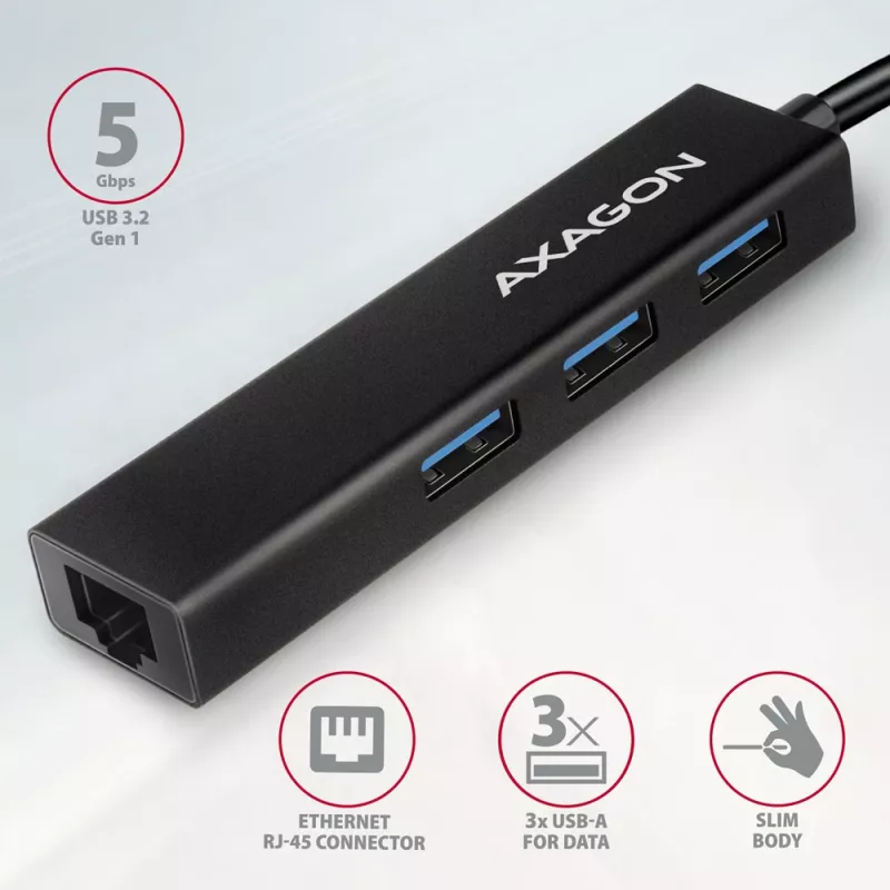 USB-C HUB Axagon HMC-GL3A 3x USB-A Gbit-LAN Juodas