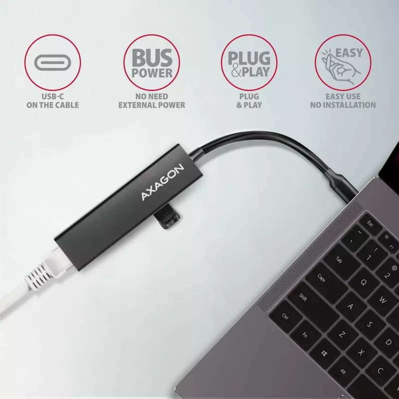 USB-C HUB Axagon HMC-GL3A 3x USB-A Gbit-LAN Juodas
