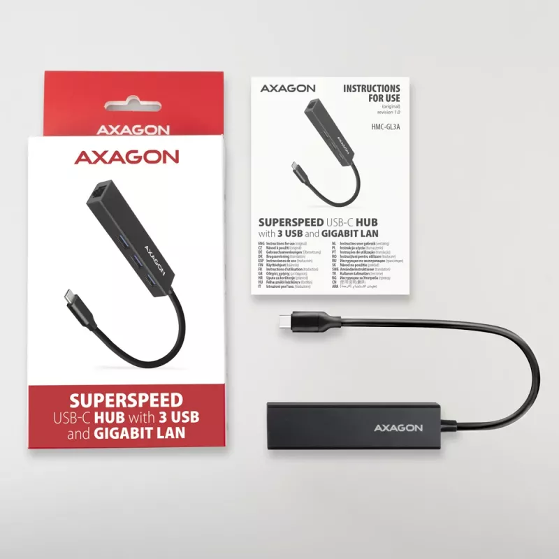 USB-C HUB Axagon HMC-GL3A 3x USB-A Gbit-LAN Juodas