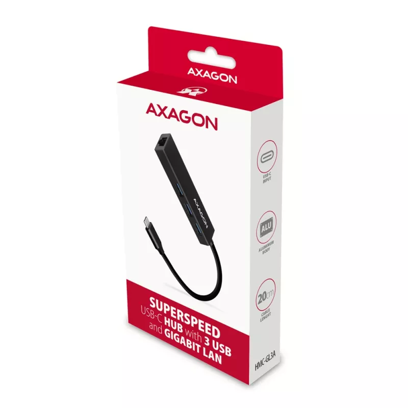 USB-C HUB Axagon HMC-GL3A 3x USB-A Gbit-LAN Juodas