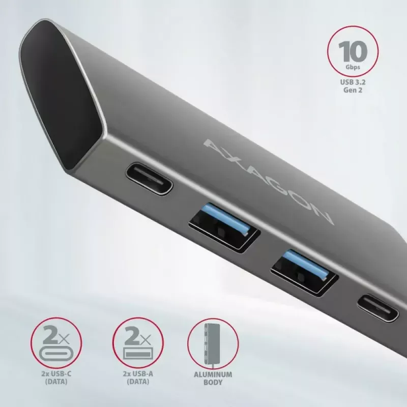 AXAGON HMC-4G2 USB-C 3.2 Gen 2 10 Gb/s hubas, 2x USB-A + 2x USB-C, kabelis USB-C 13 cm