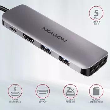 Axagon HMC-5 USB 3.2 Gen 1 hubas, 2x USB-A, HDMI, SD/microSD, PD 100W, 20 cm USB-C laidas