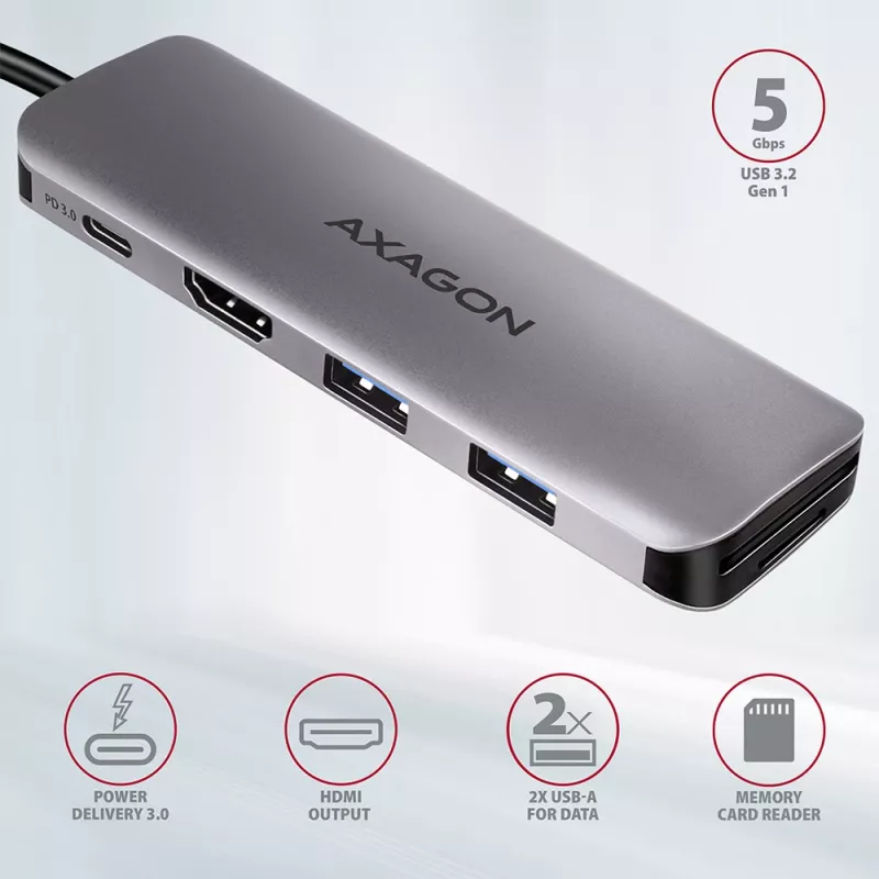 Axagon HMC-5 USB 3.2 Gen 1 hubas, 2x USB-A, HDMI, SD/microSD, PD 100W, 20 cm USB-C laidas
