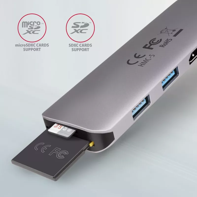 Axagon HMC-5 USB 3.2 Gen 1 hubas, 2x USB-A, HDMI, SD/microSD, PD 100W, 20 cm USB-C laidas