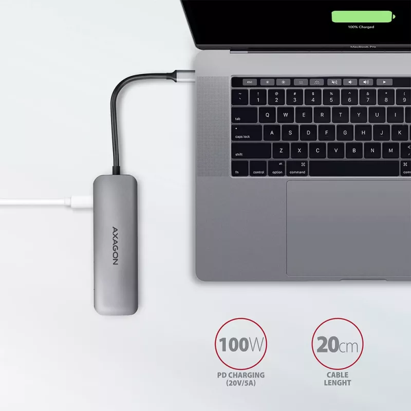 Axagon HMC-5 USB 3.2 Gen 1 hubas, 2x USB-A, HDMI, SD/microSD, PD 100W, 20 cm USB-C laidas