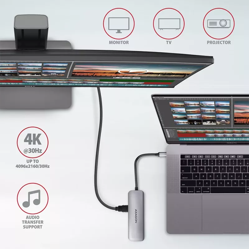 Axagon HMC-5 USB 3.2 Gen 1 hubas, 2x USB-A, HDMI, SD/microSD, PD 100W, 20 cm USB-C laidas