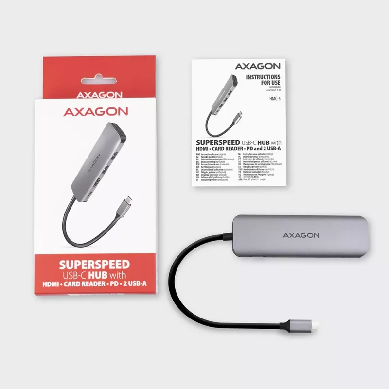 Axagon HMC-5 USB 3.2 Gen 1 hubas, 2x USB-A, HDMI, SD/microSD, PD 100W, 20 cm USB-C laidas