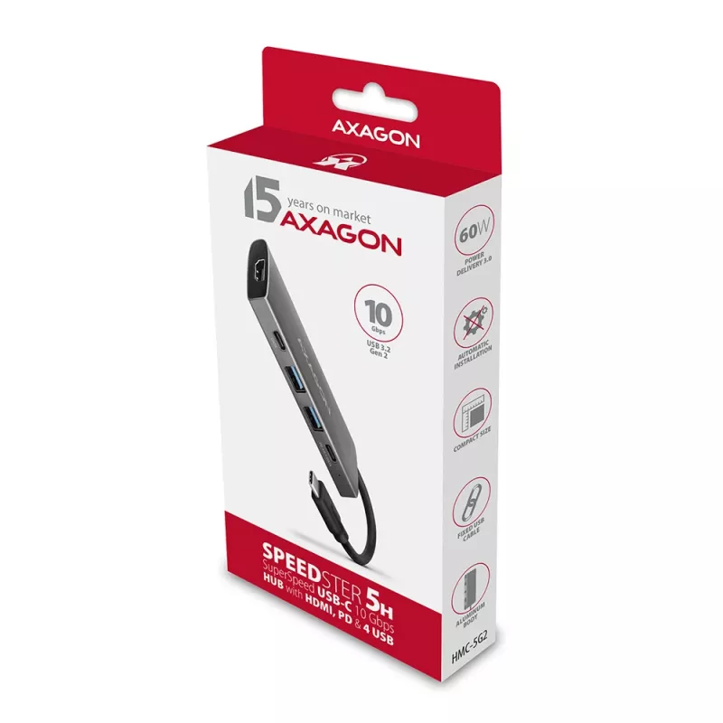 Axagon HMC-5G2 USB 10Gbps šakotuvas, 2x USB-A, 2x USB-C, HDMI 4k/60Hz, PD 100W, USB-C laidas